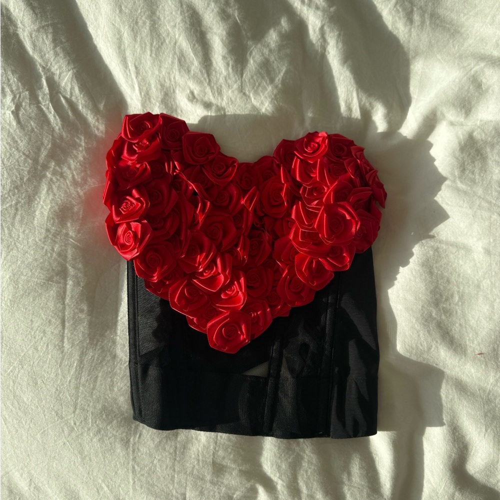 Red Rose Embellished Black Corset Top